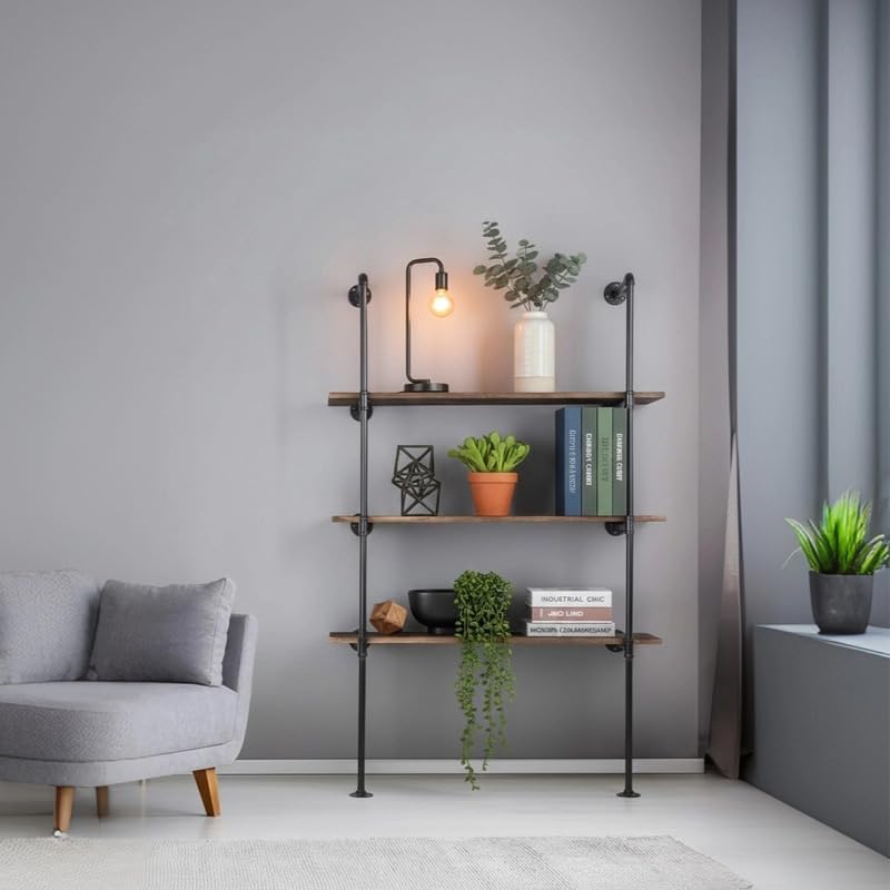 Industrial Pipe Shelving System with 4 Tiers, Black Iron Wall Mount, Floor to Ceiling Storage Rack, Rustic Farmhouse Style, DIY Bracket Supports (No Planks)