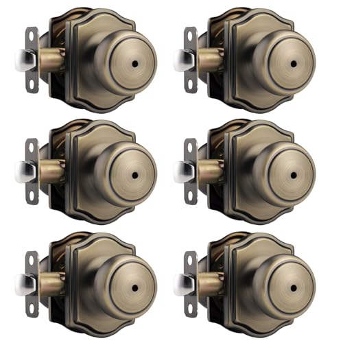 NCSEN 6 Pack Antique Brass Door Knobs with Camelot Trim Interior Door Knob with Lock Privacy Door knob for Bath and Bedroom