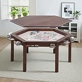 janiry Board Game Table with Removable Table Top Seats 4 to 6 Players Hexagonal Solid Wood Dining and Gaming Table Includes Play Mat, Detachable Cup Holders & Trays (Warm Walnut)