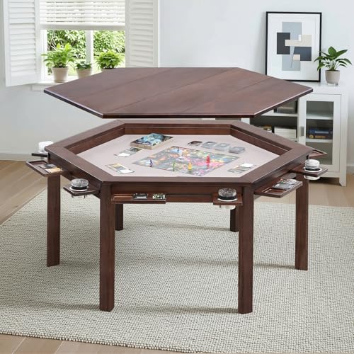 janiry Board Game Table with Removable Table Top Seats 4 to 6 Players Hexagonal Solid Wood Dining and Gaming Table Includes Play Mat, Detachable Cup Holders & Trays (Warm Walnut)