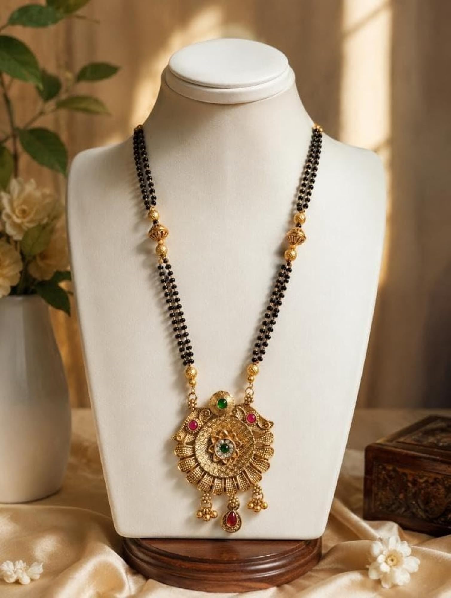 Women's Traditional Gold Tone Mangalsutra Necklace with Floral Pendant