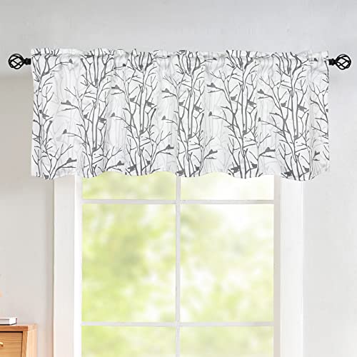 Luvyohmee Graue Volant-Vorhänge, Baumvogel, kurze Vorhangvolants, 45,7 cm, graue Stangentasche, kleines Fenstervolant für Küche/Bad/Esszimmer/Keller/Wohnmobil/Wohnmobil, B 52 x L 18, 1 Panel Cover