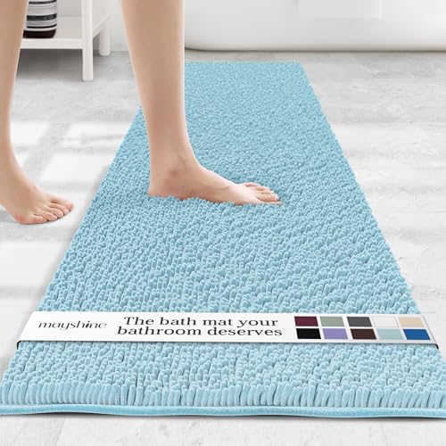 Image of Runner Plush Shaggy Chenille Bath Mat 71 inchx31 inch Extra Soft, Super Absorbent, Non-Slip Bathroom Rug | Fluffy Microfiber, Area Rug Sets for Bathroom Floor, Kitchen, Living Room | 71 inchx31 inch | Spa Blue