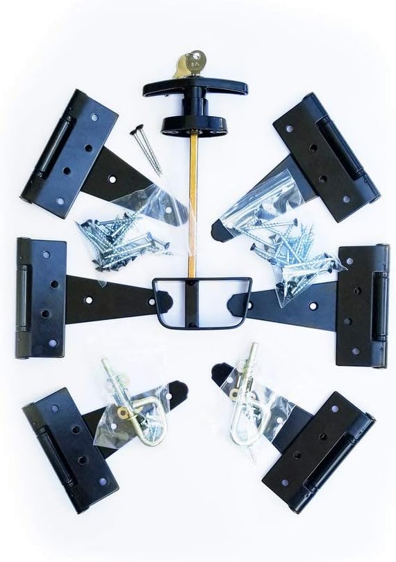Doors & Door Hardware Shed, Gate double door hardware kit: T handle lock, 6" T hinges, Barrel bolts