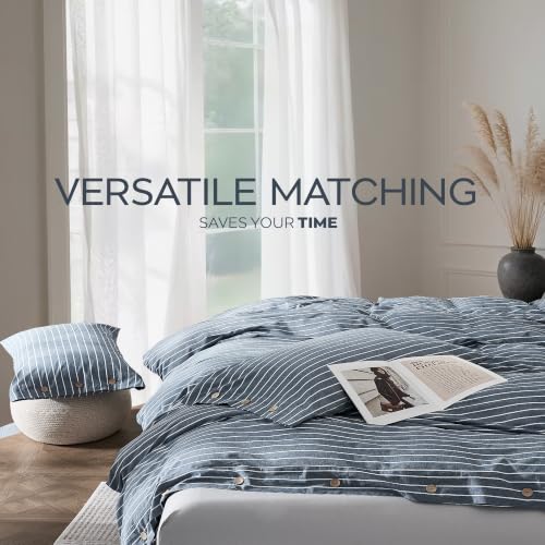 Image of JELLYMONI 100% Washed Cotton Striped Duvet Cover Set Full, Linen-Like | 100% Washed Cotton, Linen-Look Texture, Oeko-Tex Certified, 8 Corner Ties & Button, Multi-Scene Use