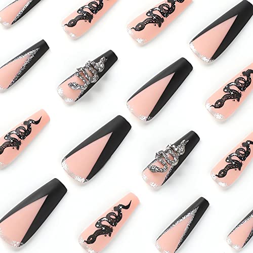 24 Pcs Long Coffin Fake Nails Black French Tip Press On Nails Silver Snake Rhinestone Glue On Nails Exquisite Design Acrylic False Nails Full Cover Stick On Static Nails For Women Manicure Decoration #TOP1