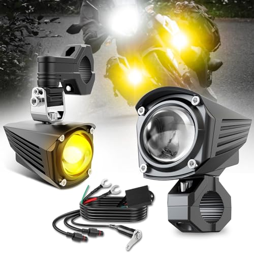 Image of Motorcycle LED Fog Lights Auxiliary Driving Light 60W 18000LM Dual Color Spotlights White Amber Strobe Flashing Lights with 5 Modes Wire Harness Kit, for Car Truck Boat ATV UTV, 2PCS