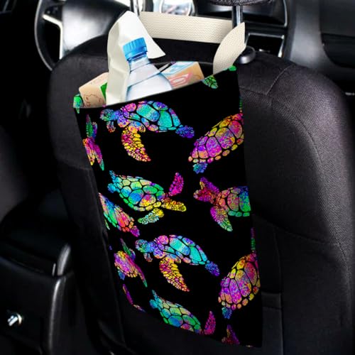 Image of IRADA Car Trash Bag Hanging No Snap Small Garbage Bag for Car Back Seat - Cute Printed One-handed Strap Trash Bags - Rainbow Turtle