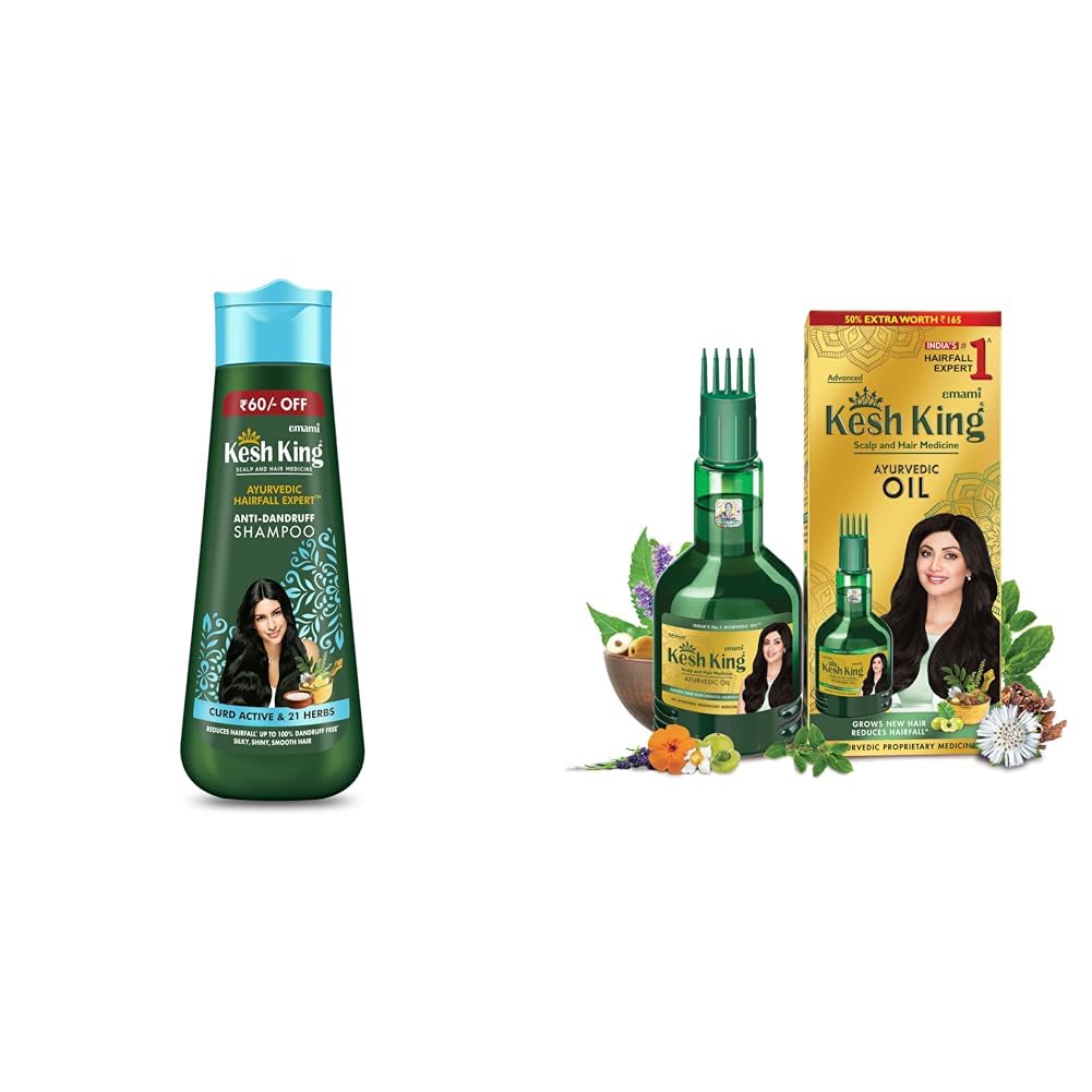 Kesh King Ayurvedic Anti-Dandruff Shampoo Up To 100% Dandruff Free, Lemon And Neem For Unisex, 340Ml & Kesh King Ayurvedic Anti Hairfall Hair Oil, 300 Ml