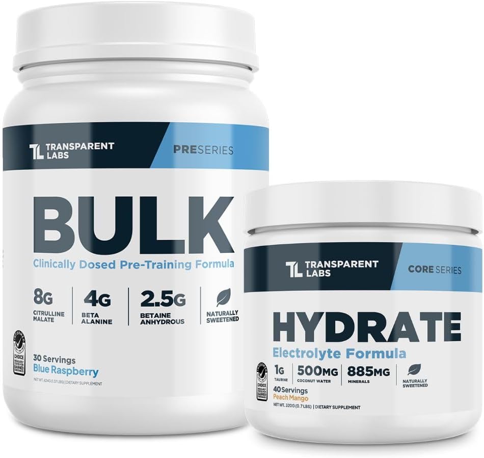 Transparent Labs Bulk Pre Workout Powder for Muscle Building & Strength 30 Servings, Blue Raspberry & Hydrate Electrolytes Powder with Coconut Water, Taurine, & Potassium 40 Servings, Peach Mango