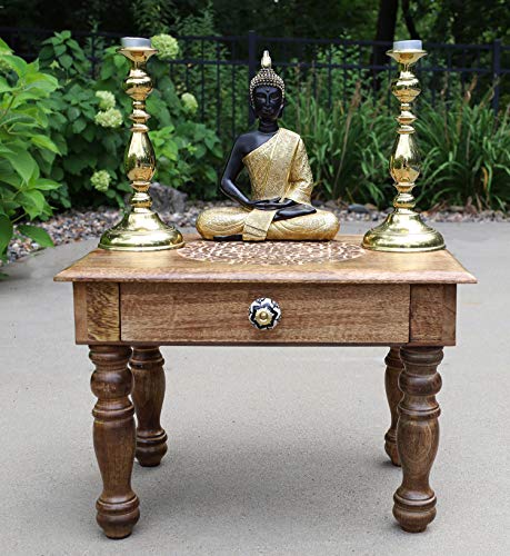 Dharmaobjects Solid Mango Wood Hand Carved Puja Shrine Altar Meditation Table (20 X 14 X 14 Inches, Lotus Mandala) #TOP4