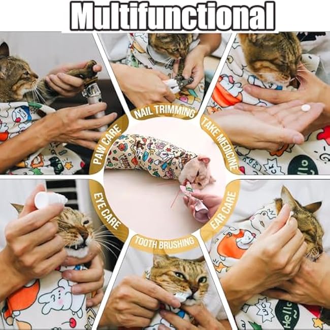 27.6'' Cat Grooming Wrap Cat Wrap for Cutting Nails, Anti-Escape Cat Restraint Wraps for Medicine Nail Clipping Ear Cleaning, Self-Adherent Cat Swaddle Wrap with Nail Clipper - Within 15lbs-QDExQMaD