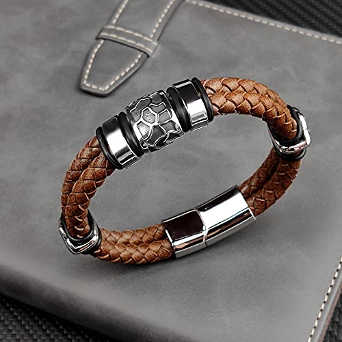 Touyony Premium Leather Bracelets For Men Stainless Steel Double Row Braided Leather Bracelets Extra Links Men Dad Gift Jewelry Hand Jewelry Accessories Brown Black Navy Blue And Red #TOP7
