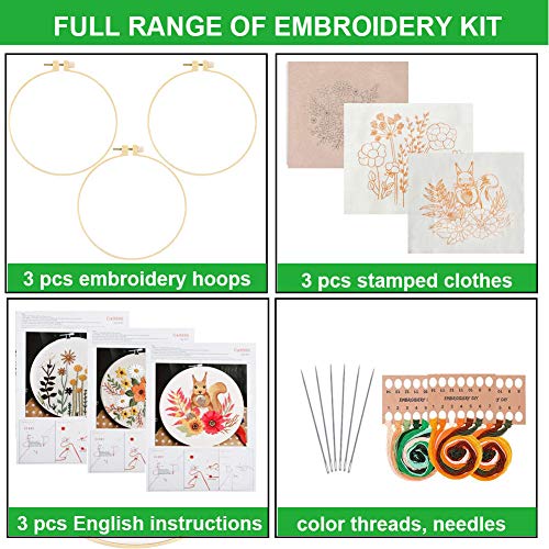 3 Pack Embroidery Kit for Beginners, Cross Stitch Starters Kits for Adults Kids with Pattern Needlepoint Embroidery Hoops Cloth Color Thread Floss Animal Flowers Plants Cactus