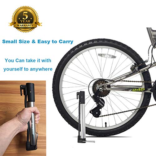 Kitbest Bike Pump, Aluminum Alloy Portable Bike Floor Pump, Mountain, Road, Hybrid & BMX Bike Tire Pump, Floor Bicycle Air Pump Compatible with Presta & Schrader Valve & Sports Ball (Silver)