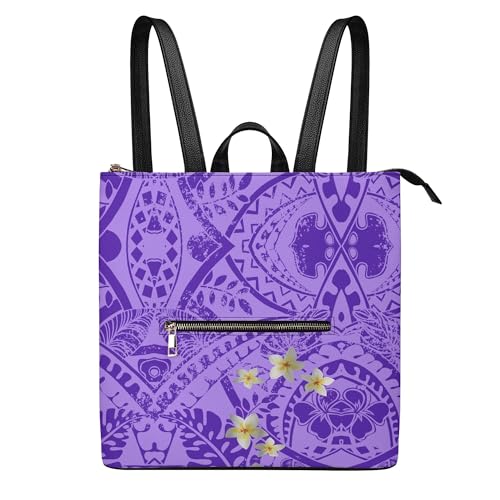 Urban Commuter Pu Backpack Women Polynesian Tribal Print Spacious Zip Pocket Sleek Slim Lightweight Work Travel