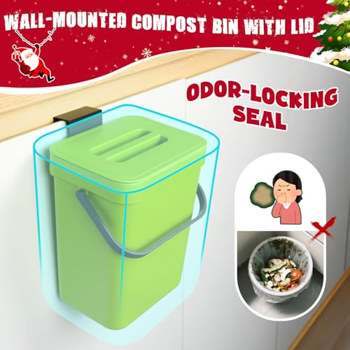 Image of Kitchen Waste Bin with Hooks 5L, Indoor Kitchen Sealed Under Sink for Kitchen, Food Waste Bin for Countertop (DarkGreen)