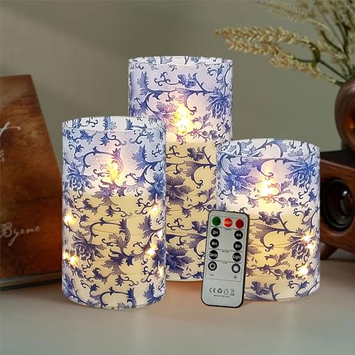 Image of Floral Flameless LED Pillar Candles with String Lights, 3pcs Blue and White Battery Operated Flickering Candles with Timer Remote,Chinese Porcelain Style Candle for Wedding Mother's Day Home Decor