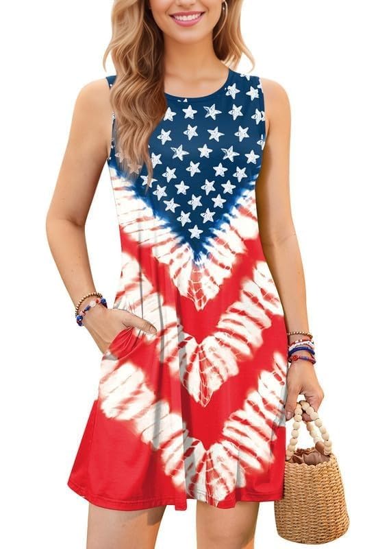 Image of VVNTY American Flag Tank Dress Women: 4th of July Shirts Sleeveless Patriotic USA Flag Tees Casual Summer Tanks Sundress