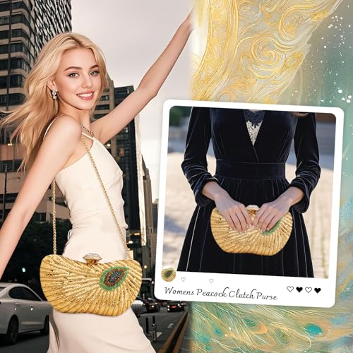Image of Peacock Clutch Purse Evening Handbags for Womens Vintage Crossbody Shoulder Bags Sequin Feather and Detachable Chains (Gold)