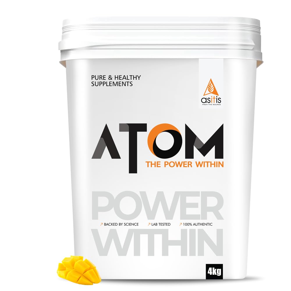 Asitis Nutrition Atom Whey Protein 4Kilogram | 27G Protein | Isolate & Concentrate | Mango Fusion | Usa Labdoor Certified | With Digestive Enzymes For Better Absorption, 111 Servings