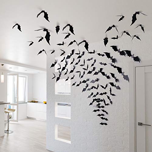 Coogam 60Pcs Halloween Bats Decoration, 4 Different Sizes Realistic Pvc Black 3D Scary Bat Sticker For Home Decor Diy Wall Decal Bathroom Indoor Hallowmas Party Supplies #TOP7