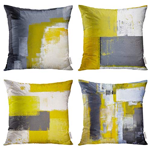 Taysta Set Of 4 Decorative Throw Pillow Covers Cases Grey And Yellow Abstract Art Painting Modern Home Square Decor Pillow Case Cover Cushion Sofa Size 18X18 Inches Pillowcases #TOP17