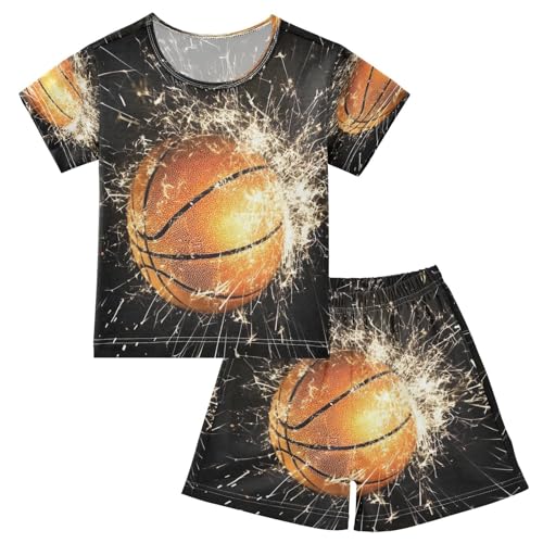 ALAZA Basketball Ball Sport Black Pajamas Set Short Sleeve Cotton Sleepwear Summer Pjs 2 Piece 5-14Y