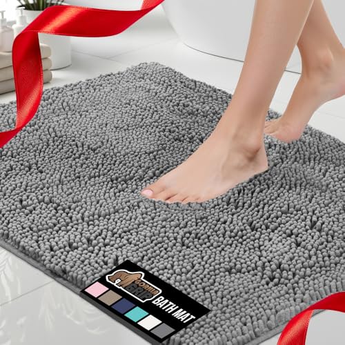 GORILLA GRIP Bath Rug Mat, Thick Soft Absorbent Chenille, Quick Dry Microfiber Mats, Rubber Backing Washable Shower Floor Rugs, Bathmat Runner, US Designed Bathroom Home Decor Accessories 24x17, Grey