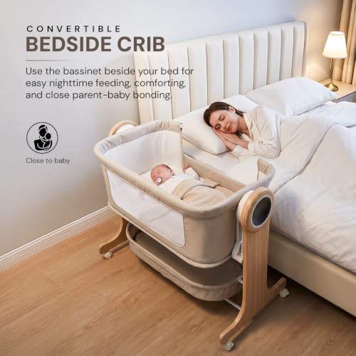 Image of BAYBEE 3-in-1 Electric Wooden Cradle for Newborn Baby | Baby Bassinet, Cribs & Cots with 5 Speed Automatic Swing & 3 Height Adjustable | Bedside Crib for Baby with Remote, Touch Panel, Music & Storage
