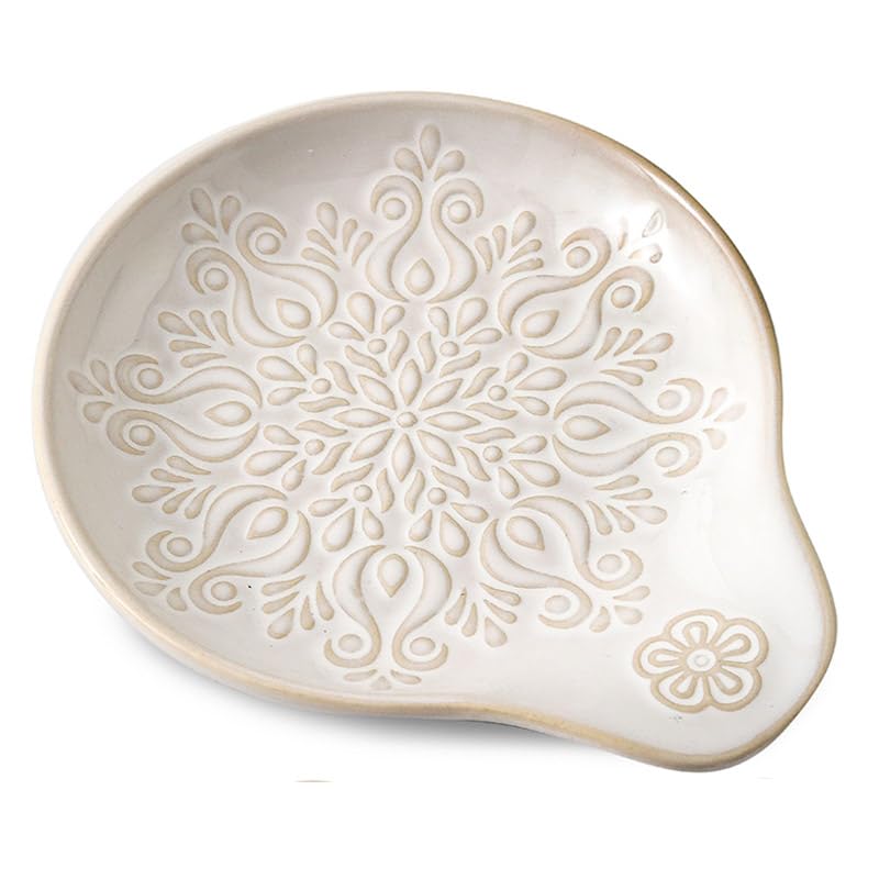 Image of Farmhouse Ceramic Spoon Rests Holder for Kitchen Counter Stove Top (White-A3)