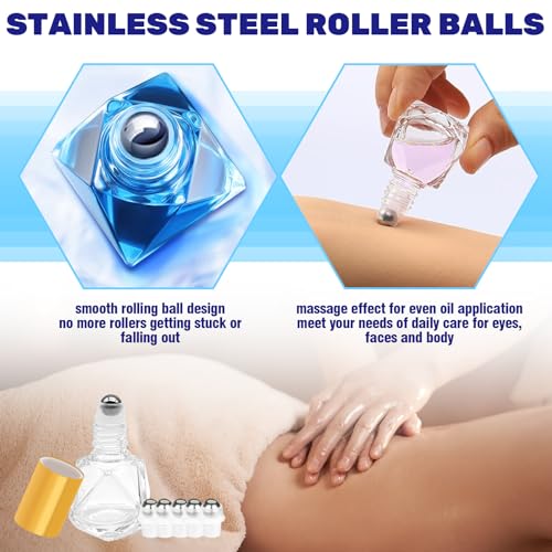 41Pcs 8ml/0.27oz Polygonal Clear Glass Roller Bottles Kit Contains Stainless Steel Empty Refillable Roll on Glass Bottles, Funnels, Blank Labels, Opener, Pipettes for Essential Oil4
