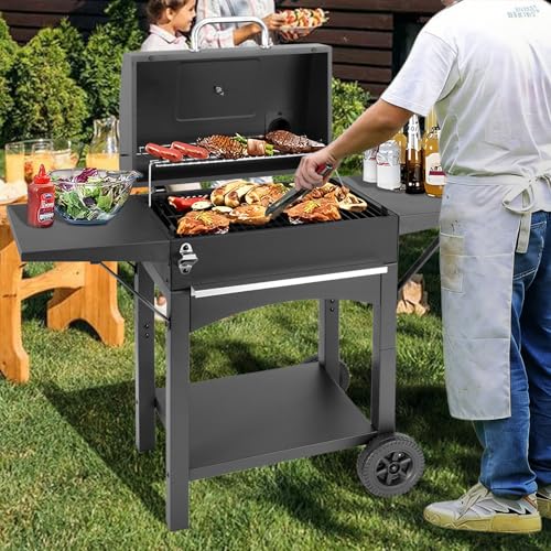 Holzkohlegrill Groß mit Deckel und Gusseisen Grillrost – Edelstahl Grillwagen für Outdoor Garten, Camping BBQ & Smoker
