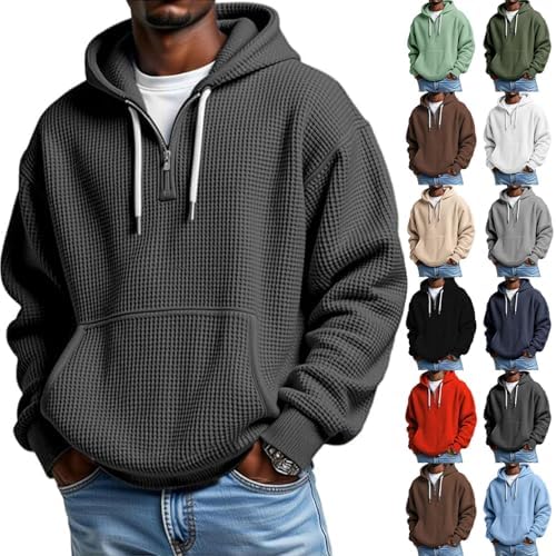 Men's Waffle Knit Hoodies Casual Quarter Zip Long Sleeve Sweatshirt Fall Oversized Hooded Pullover with Pocket
