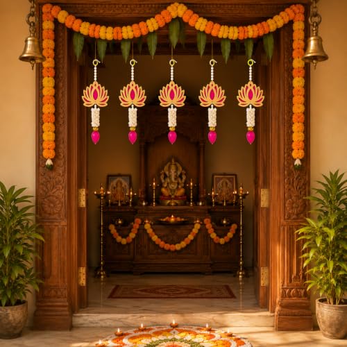Image of JH Gallery Lotus Bud Tassel Hanging - Handmade Ganpati Decoration Setup for Home, Ganesh Chaturthi Mandap Decor, Pooja Room, Temple & Door Hanging (13 Inch, Pack of 5)
