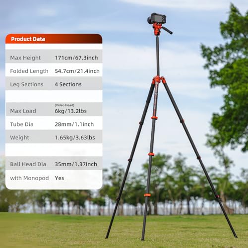 Image of Fotopro 67.3 inch Carbon Fiber Travel Tripod, Professional Heavy Duty Video Tripod with Hydraulic Spherical Pan-Tilt Flip Lock Max Load 22lbs, wih Monopod Phone Clip, X-AIRFLY Max Video Orange