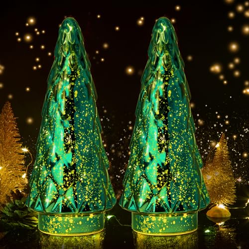 MJ PREMIER Glas Weihnachtsbaum, 2er Set Mini Weihnachtsbaum mit LED...