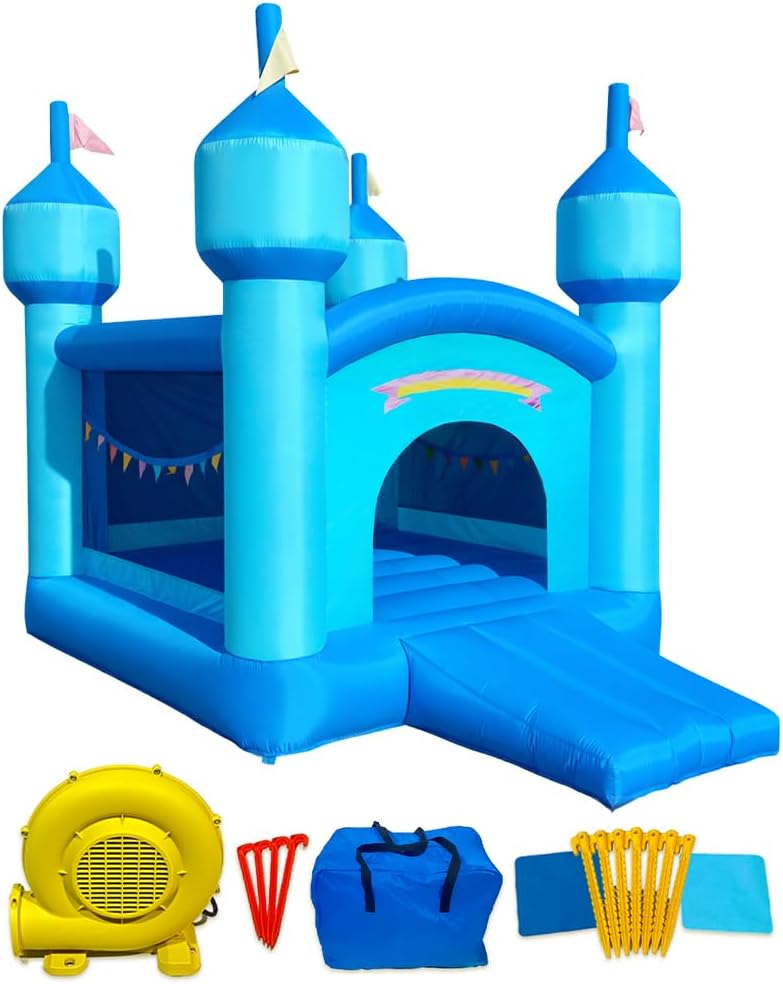 Inflatable Bounce Castle House,Blue Indoor/Outdoor Bouncer with Slide, Castle Spires & Rainbow Decor,127 x 94 x 106 Inches, Backyard Jumper Toy with Blower for Kids 3-10 Year olds
