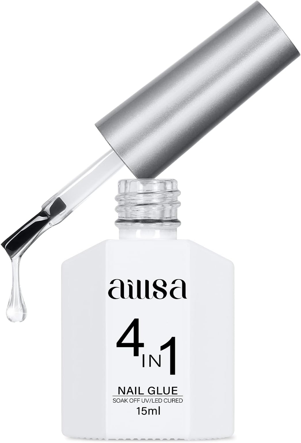 AILLSA Gel Nail Glue for Acrylic Nails, 4 in 1 Super Strong Nail Gel Glue for Fake Nail Tips,15ML High Capacity Long Lasting Brush On Nail Glue for Rhinestone Pearl Foil, (U V Lamp Curing Needed)
