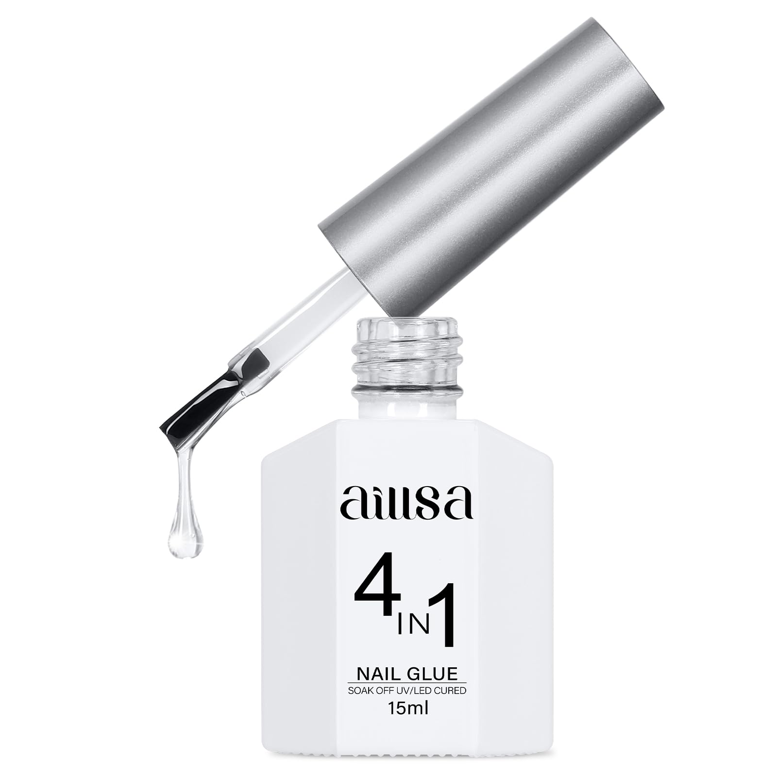 Gel Nail Glue for Acrylic Nails, 4 in 1 Super Strong Nail Gel Glue for Fake Nail Tips,15ML High Capacity Long Lasting Brush On Nail Glue for Rhinestone Pearl Foil, (U V Lamp Curing Needed)