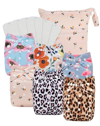 Image of Babygoal Baby Cloth Diaper 6 Pack with 6pcs Inserts and Wet Bag for Fitted Diapers and Prefolds, Adjustable and Reusable Covers for Toddler Boys and Girls