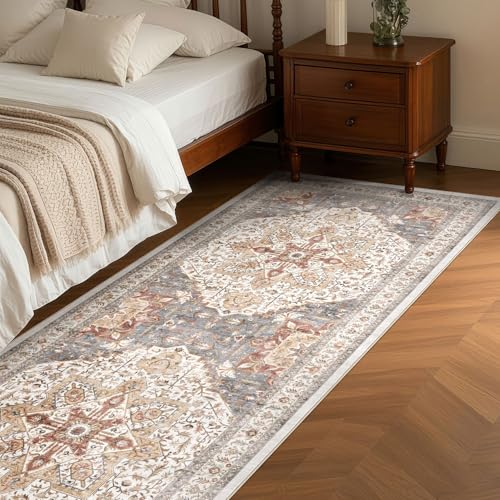 Tortania Area Rug 3x14 Runner Rugs - Washable Vintage Oriental Farmhouse Thin Indoor Carpet for Living Room Bedroom Hallway Entryway Kitchen Under Dining Table Home Office - Orange Multi