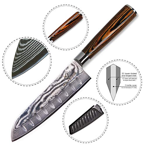 Wolfblood Damastmesser Santoku Messer XL (30cm) TÜV geprüfter 62 HRC Damaststahl aus 67 Lagen I...