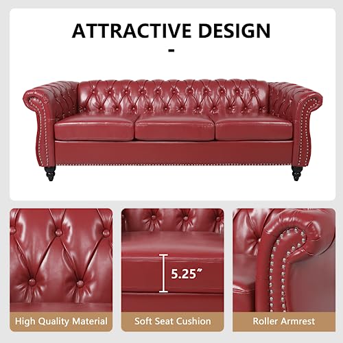 Image of QHITTY Accent Large Sofa, Chesterfield Couch 3 Seater Modern Leather Couch Upholstered Sofa with Tufted Back for Living Room Furniture (Burgundy)