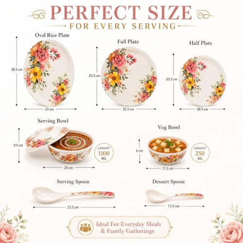 Image of 32-Piece Premium Melamine Dinner Set for 6 | Floral Printed Dinnerware Set with Plates, Bowls, Serving Bowls, Lids & Spoons (Blush Bloom)