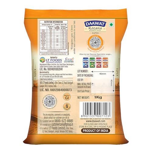 Image of Daawat Rozana Super Basmati Rice 1Kg| For Everyday Consumption| Cooked Grain Upto 13mm*| Naturally Aged (Pack of 3)