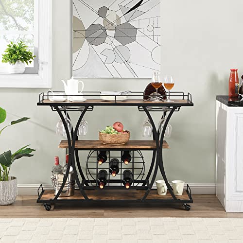 Calabash Industrial Serving Bar Cart With Storage,3 Tier Shelf Wooden Metal Rustic Freestanding Floor Wine Coffee Rack,Modern Home Portable Mini Bar Liquor Cart (33.66") #TOP6