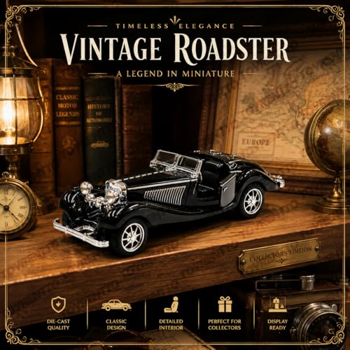 Image of 1:36 Scale Vintage Diecast Metal Roadster Toy Car, Openable Doors, Pull Back Action Classic Retro Model, Detailed Interior Collectible Gift for Kids Boys Girls Adults (Black)