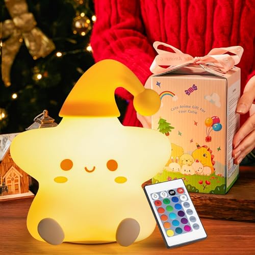 Mubarek Cute Night Light, Remote 10 Level Dimmable Lights for Bedroom, Rechargeable Lamp Star Lamp, Silicone Squishy Cute Light Up Stars, Kawaii Girls Night Light Star Gifts Stars Decor