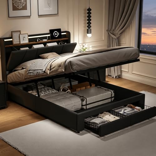 HYNHXBP Lit Coffre 140x200 avec Sommier avec 2 Tiroirs, Lit Double en Lin Gris Foncé avec LED RGB, Tête de Lit avec Rangement et Charge USB/USB-C, Coffre...